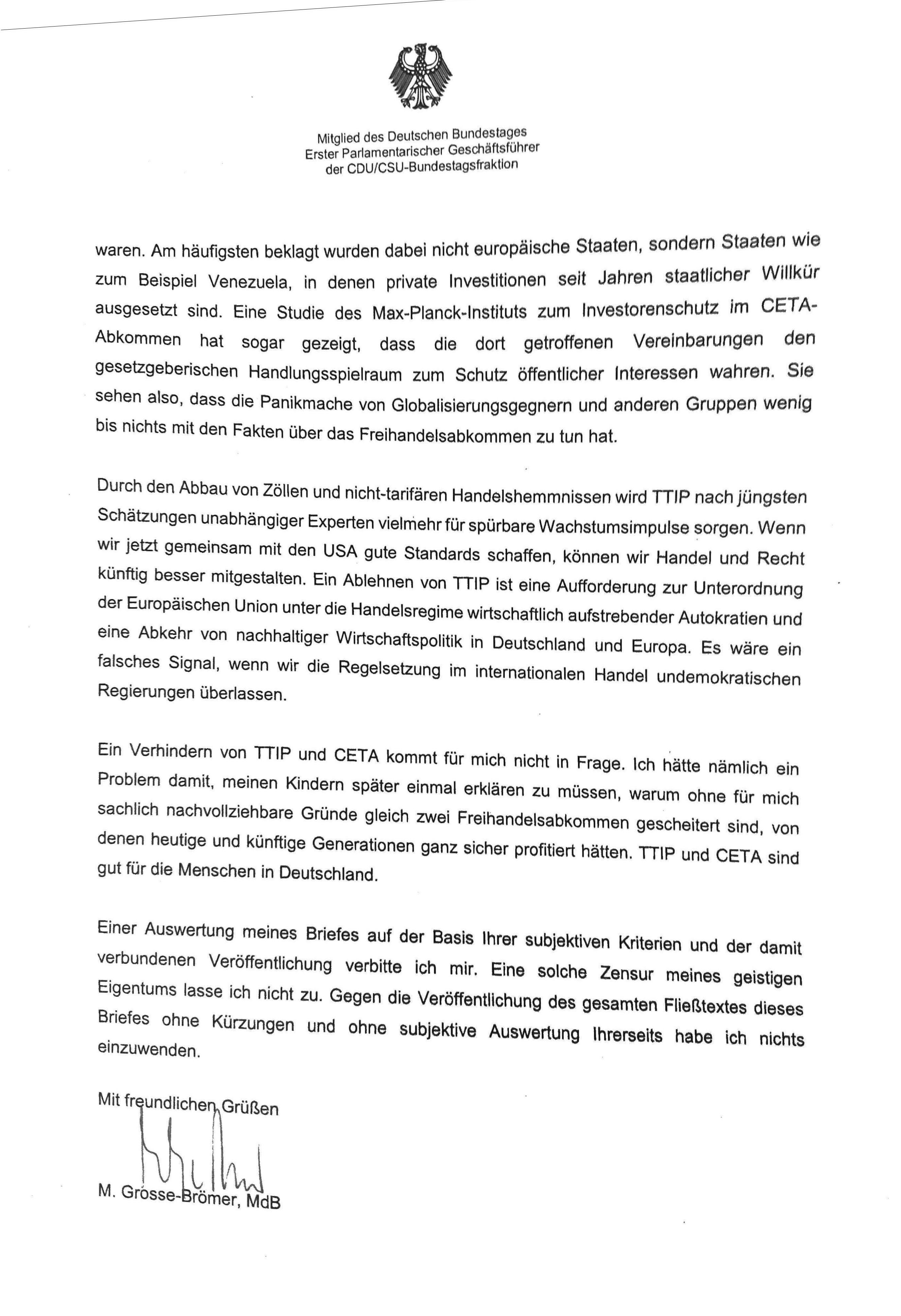 Antwort an die Piratenpartei zu TTIP  vom Mitglied des Deutschen Bundestages CDU/CSU